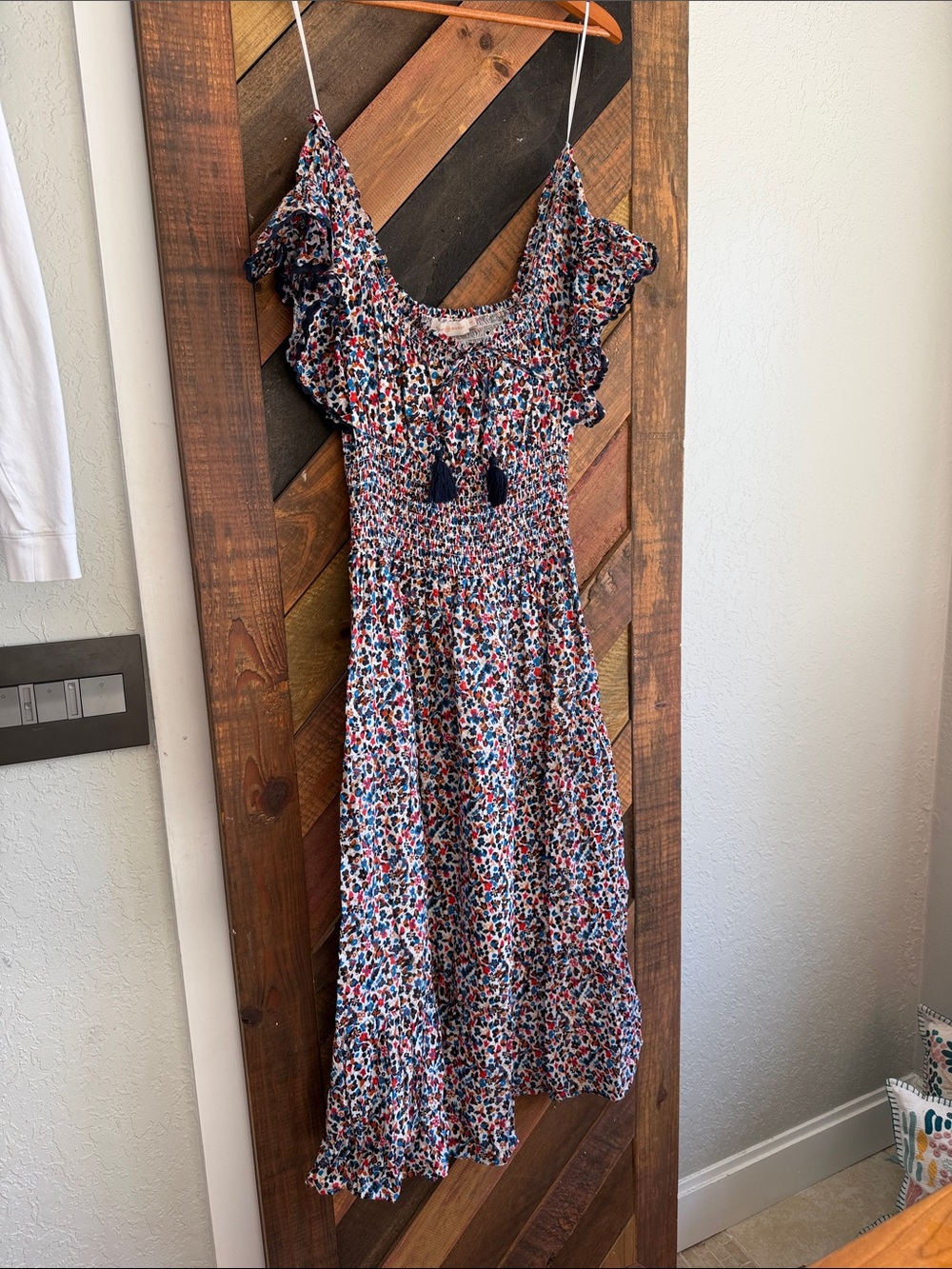 Tory Burch Blue Multi Floral Smocked Midi Dress with Tassels small S